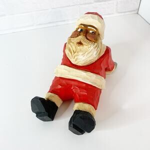 Vintage Hand Carved Wooden Santa Figurine Lounging Painted Signed Ray